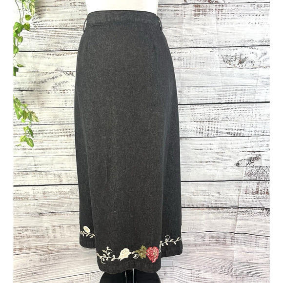 Denim & Co Skirt Plus size 1X Black Denim Jean Long Straight Floral Embroidery - Picture 1 of 14